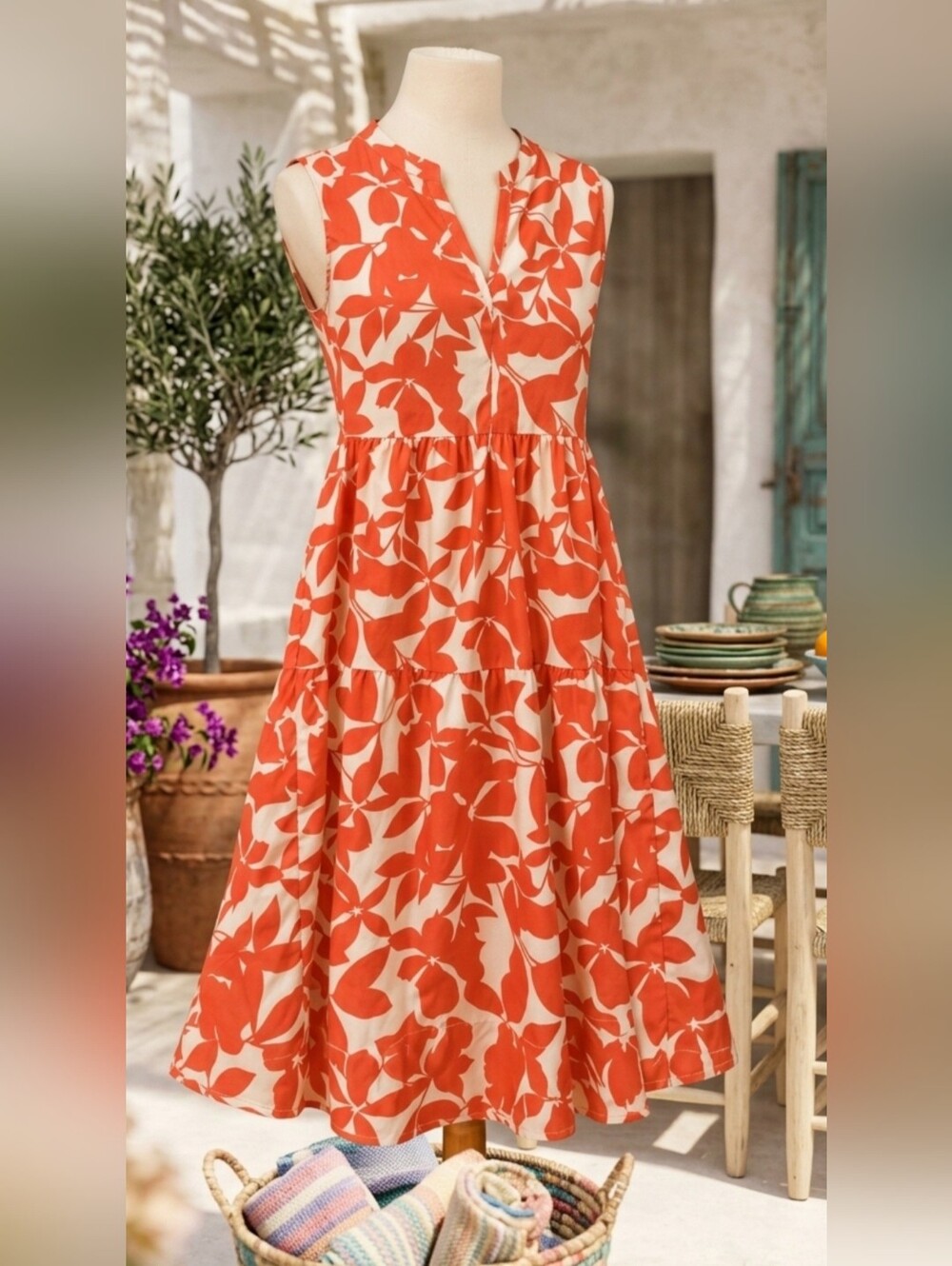 *Orange and Cream Floral Tiered Midi Dress Pit 20